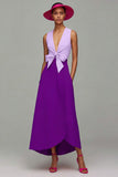 Orange And Fuchsia Colorblock V Neck A Line Formal Dress