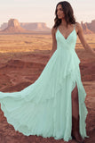 Ivory Spaghetti Straps A-Line Floor Length Ruffled Boho Wedding Dress with Slit
