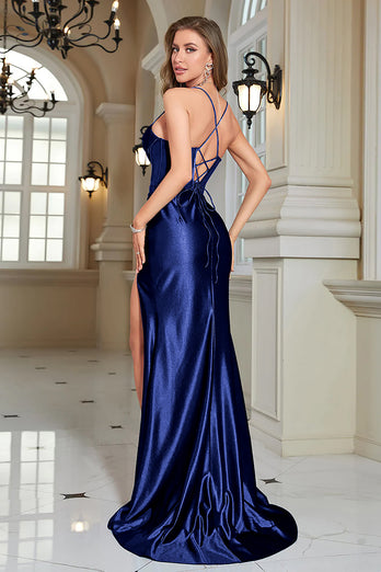 Sparkly Blue Corset Long Prom Dress with Slit