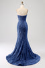 Load image into Gallery viewer, Navy Sweetheart Neck Sequined Mermaid Prom Dress With Sweep Train