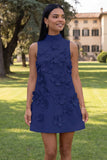 Hot Pink High Neck A-Line Homecoming Dress with 3D Flowers