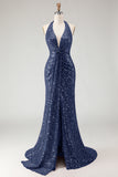 Sparkly Burgundy Halter Mermaid Sequins Long Prom Dress with Slit