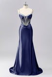 Sparkly Grey Blue Spaghetti Straps Mermaid Satin Prom Dress with Rhinestones