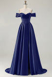 Blue A-Line Off The Shoulder Satin Long Bridesmaid Dress with Slit