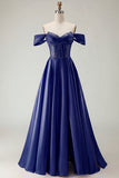 Off The Shoulder Purple A Line Beaded Long Satin Prom Dress with Slit