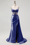 Champagne Mermaid Sheer Corset Beaded Side Streamer Long Prom Dress with Slit