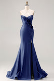 Royal Blue Strapless Mermaid 3D Flowers Beaded Long Prom Dress with Slit