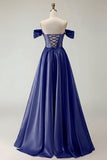 Off The Shoulder Purple A Line Beaded Long Satin Prom Dress with Slit