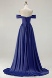 Blue A-Line Off The Shoulder Satin Long Bridesmaid Dress with Slit