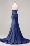 Royal Blue Strapless Mermaid 3D Flowers Beaded Long Prom Dress with Slit