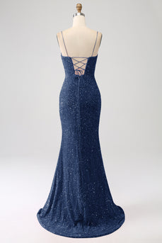 Navy Mermaid Spaghetti Straps Sequin Prom Dress With Split