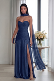 Dusty Sage Strapless A Line Pleated Long Formal Dress with Slit