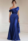 Grey Blue Mermaid One Shoulder Satin Ruched Formal Dress with Ruffles