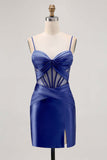 Royal Blue Sheer Corset Pleated Tight Short Prom Dress with Slit
