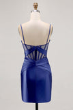 Royal Blue Sheer Corset Pleated Tight Short Prom Dress with Slit