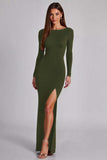 Black Jersey Long Sleeves Sheath Formal Dress with Slit
