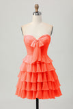 Sky Blue Strapless A Line Tiered Short Prom Dress with Bow
