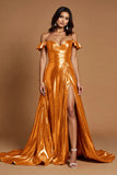 Golden Off The Shoulder A Line Prom Dress With Slit