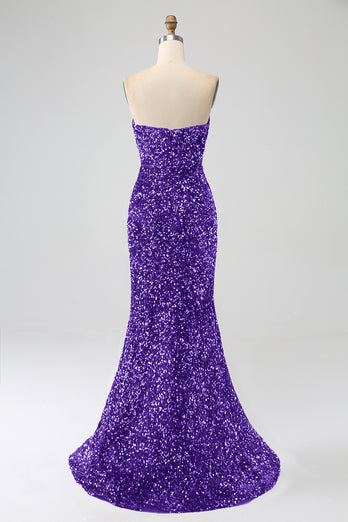 Lavender Strapless Sequins Long Mermaid Prom Dress With Slit