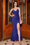 Sparkly Royal Blue Mermaid Spaghetti Straps V-Neck Sequin Long Prom Dress With Split