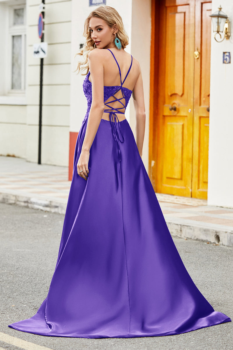 Load image into Gallery viewer, Trendy A Line Spaghetti Straps Lilac Long Prom Dress with Appliques