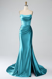 Dark Green Mermaid Strapless Corset Long Prom Dress with Slit