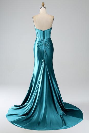 Dark Green Mermaid Strapless Corset Long Prom Dress with Slit