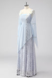 Lace Light Blue Chiffon Long Sleeves Spaghetti Straps Mother of the Bride Dress