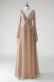 Blush A Line V Neck Chiffon Long Sleeves Mother of the Bride Dress with Beading