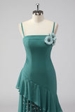 Ruffles Grey Green Spaghetti Straps Sheath Wedding Guest Dress