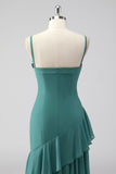 Ruffles Grey Green Spaghetti Straps Sheath Wedding Guest Dress