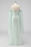 Light Green Strapless Cape Sleeves Sheath Wedding Guest Dress