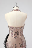 Glitter Halter Blush Corset Tight Appliques Short Cocktail Dress with Beading