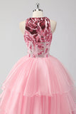 Sparkly Pink Halter Corset Appliques Tiered Long Prom Dress