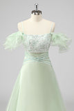 A Line Light Green Off The Shoulder Sequins Wedding Guest Dress