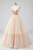 A Line Tiered Champagne Halter Beaded Formal Dress