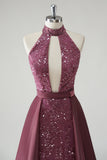 Halter Cut Out Sequins Purple Mermaid Formal Dress With Detachable Skirt Overlay