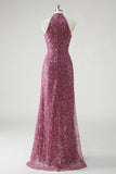 Halter Cut Out Sequins Purple Mermaid Formal Dress With Detachable Skirt Overlay