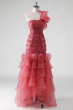 One Shoulder Red Tiered Ruffles Sequins Formal Dress