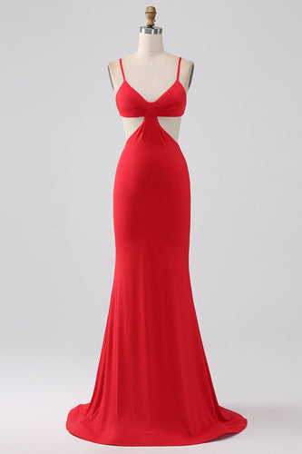 Spaghetti Straps Mermaid Backless Red Prom Dress