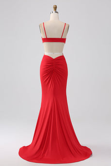 Spaghetti Straps Mermaid Backless Red Prom Dress