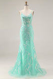 Mermaid Sequins Corset Long Mint Green Prom Dress with Embroidery