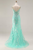 Sparkly Purple Mermaid Corset Sequins Long Prom Dress with Lace Appliques