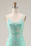 Mermaid Sequins Corset Long Mint Green Prom Dress with Embroidery