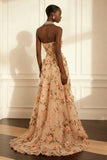 Purple Strapless Appliqued A-Line Long Prom Dress With 3D Flowers