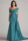 One Shoulder Pleated Champagne Sheath Long Formal Dress