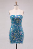 Pink Bodycon Strapless Floral Sequins Short Cocktail Dress