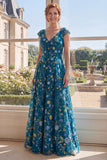 Green A-Line Tulle Embroidered V-Neck Long Mother Of the Bride Dress