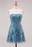 Strapless Pink A-Line Floral Sequins Short Cocktail Dress
