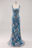 Pink Square Neck Mermaid Floral Long Prom Dress with Beading